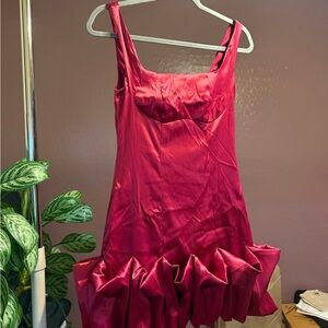 Red Satin Ruffle-Hem Women's Dress